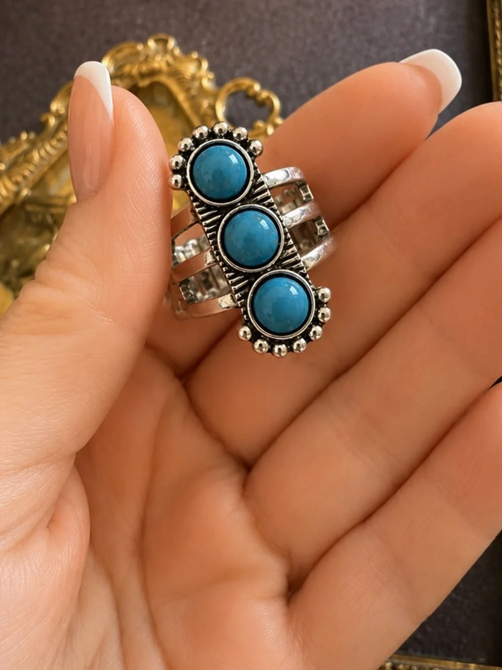 ANTHROPOLOGIE • Silver Triple Turquoise Cabochon Statement Festival Boho Ring